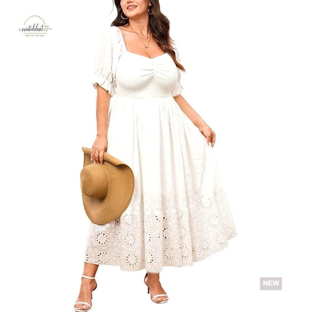 Plus Size Maxi Dress Sweetheart Smocked Eyelet Boho Casual Summer